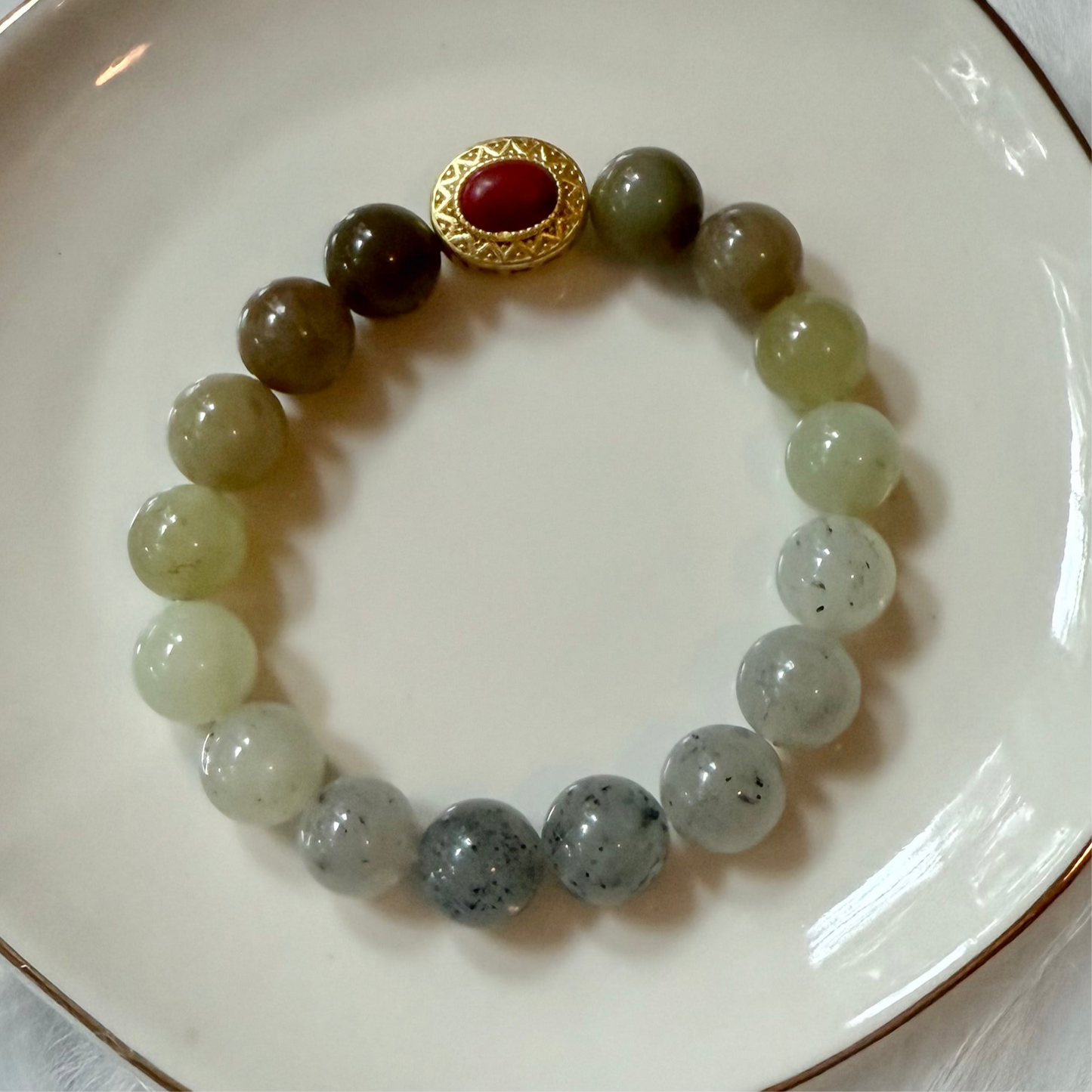 Genuine nephrite / Hetian Jade brown white black gradient Bracelet - 10mm beads 6.5 inches length