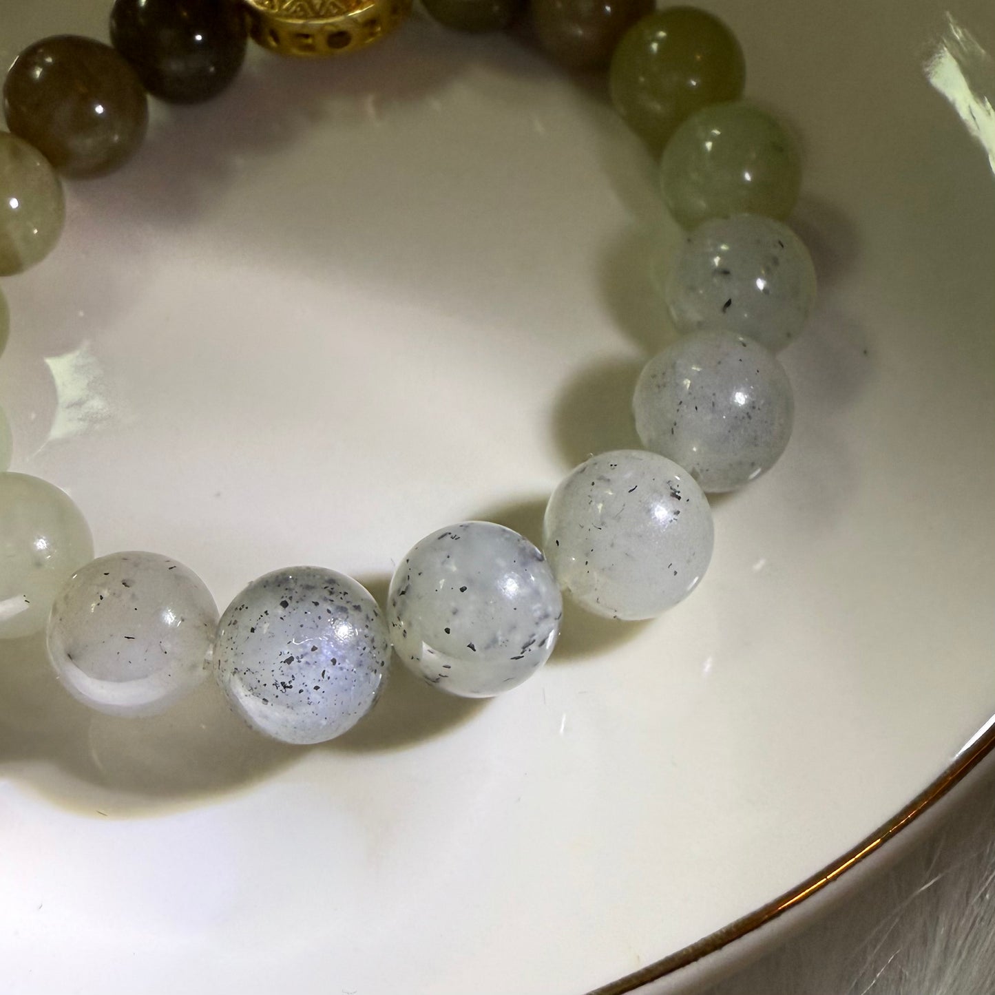 Genuine nephrite / Hetian Jade brown white black gradient Bracelet - 10mm beads 6.5 inches length
