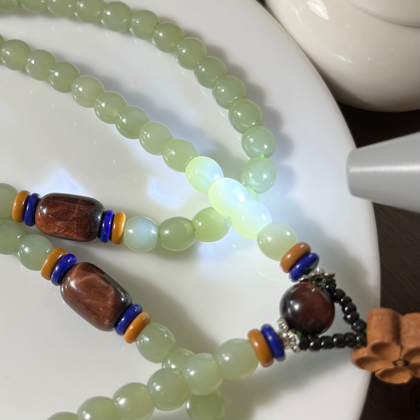 Certified Genuine Water Green Hetian Jade Nephrite Jade Necklace 6mm barrel beads 108 beads 28inches