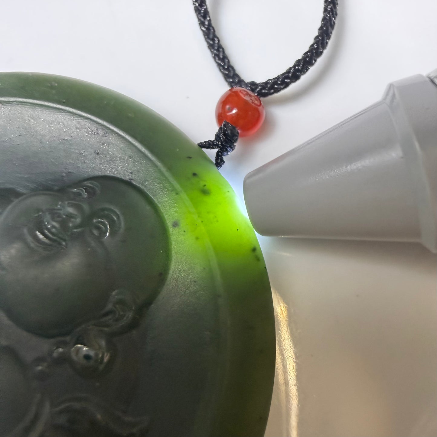 Certified Siberian Nephrite deep spinach green Exquisitely Hand-Carved Happy Buddha Large Disc Pendant