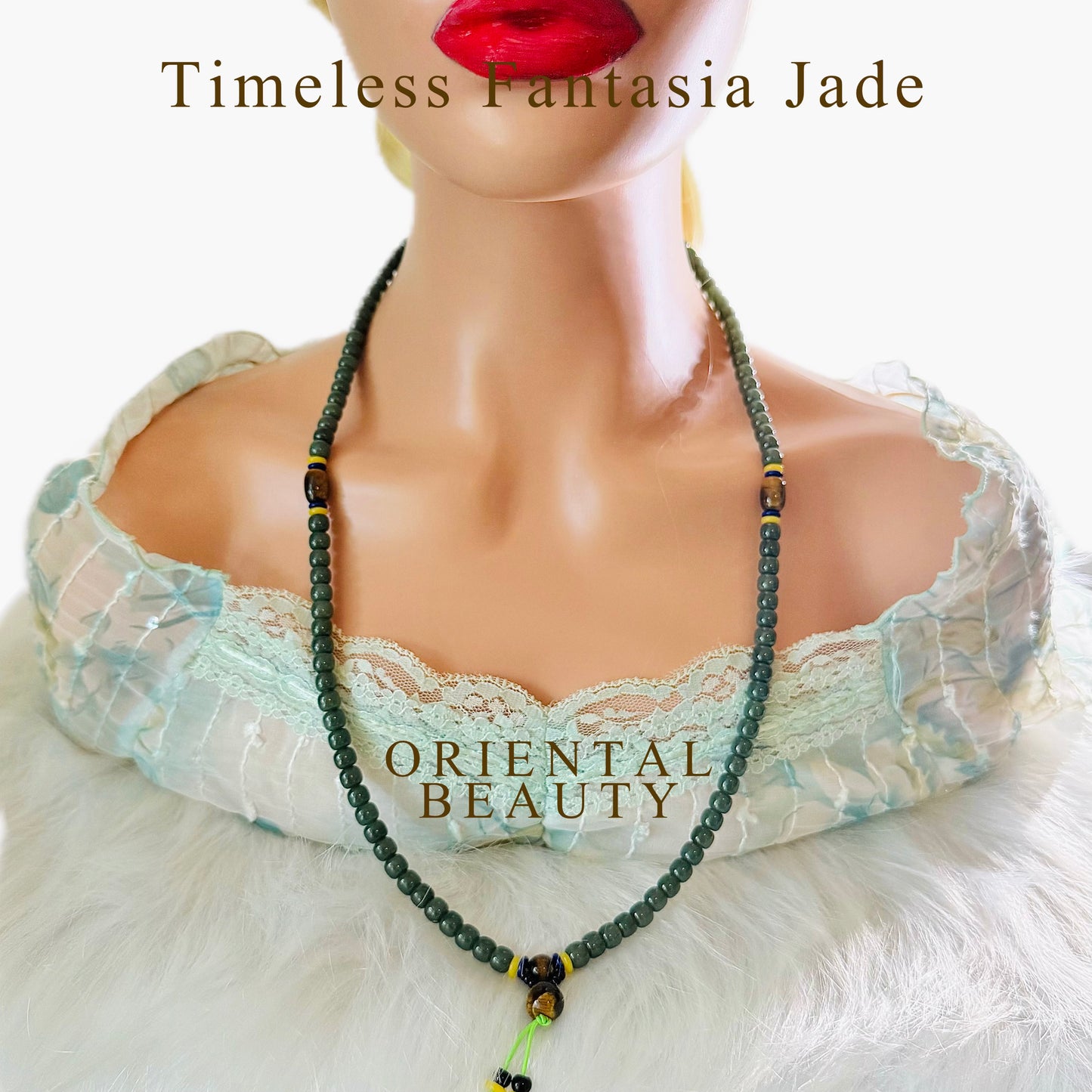 Top tier quality Certified 28 inches Premium genuine Siberian nephrite Necklace Porcelain-Blue 6.6 mm 108 barrel Beads