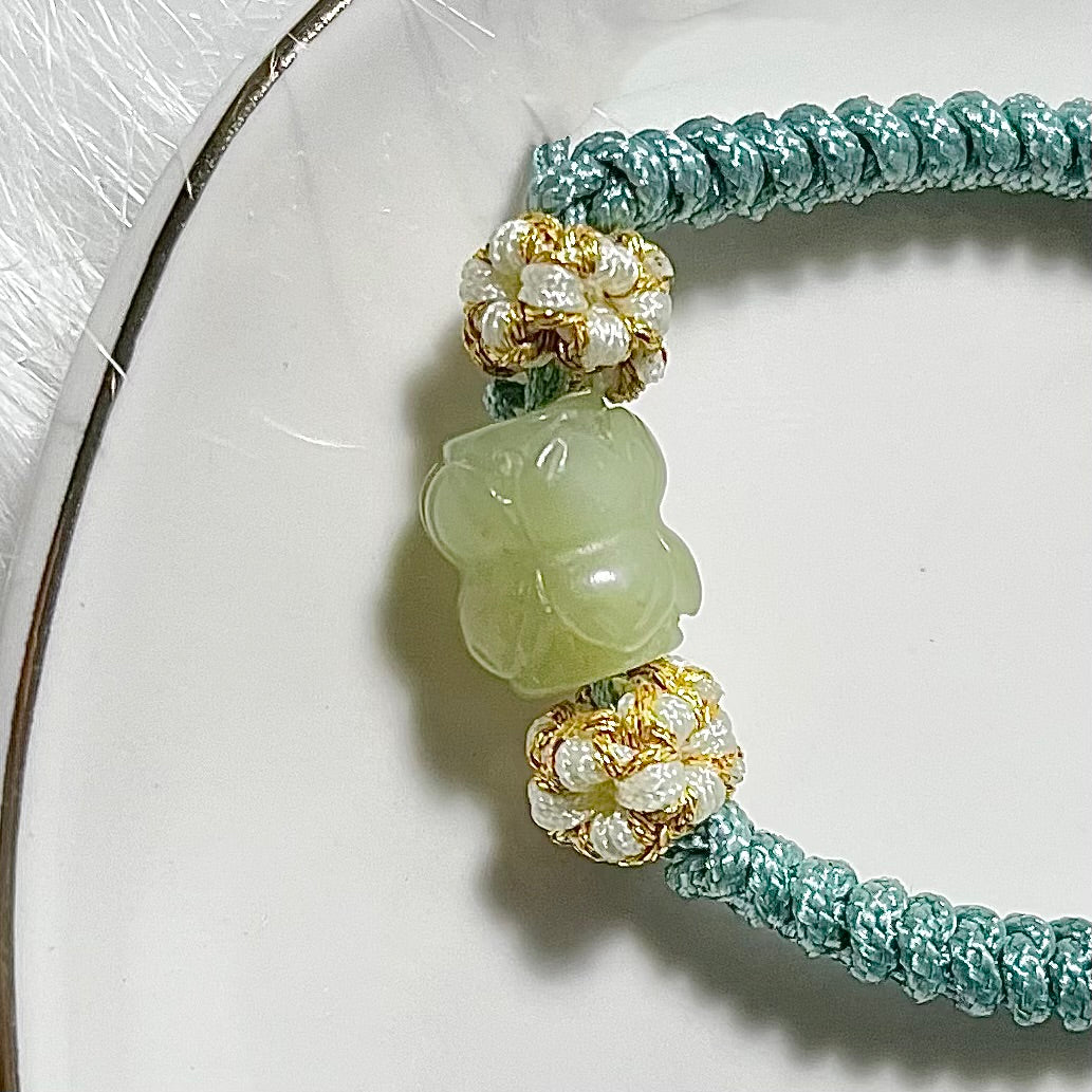 Genuine Premium Hetian Jade Nephrite Jade carved twin lotus Chinese knot bracelet , adjustable length / green / green yellow / white/off white