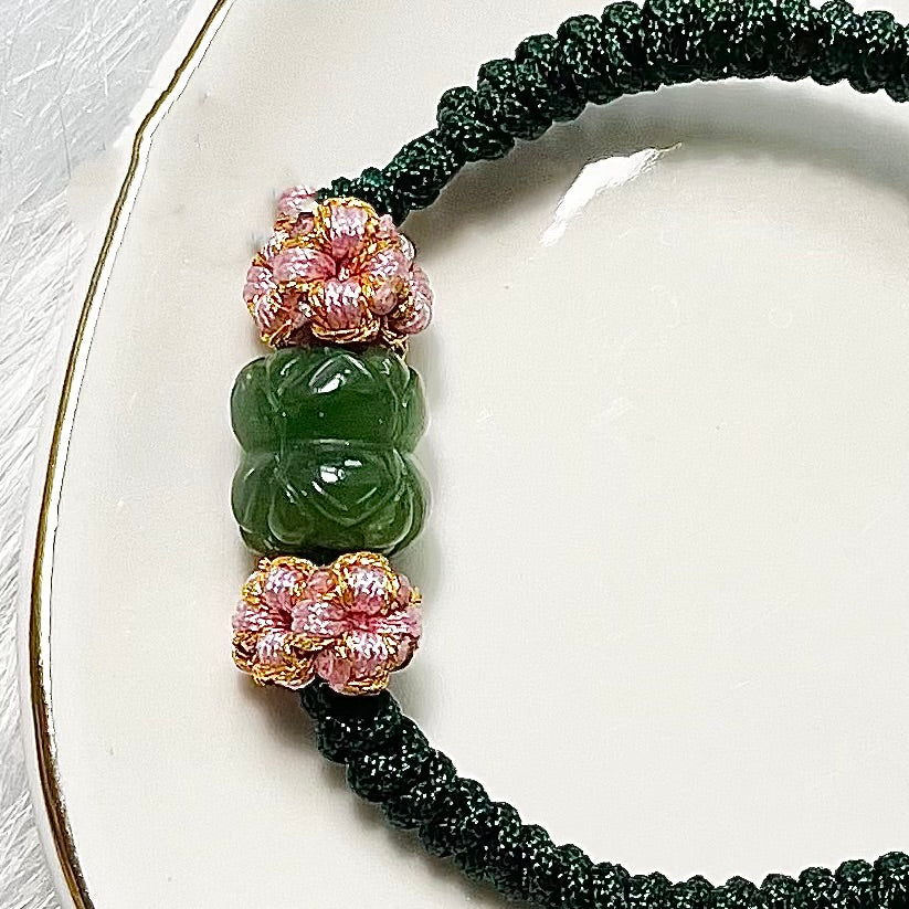 Genuine Premium Hetian Jade Nephrite Jade carved twin lotus Chinese knot bracelet , adjustable length / green / green yellow / white/off white