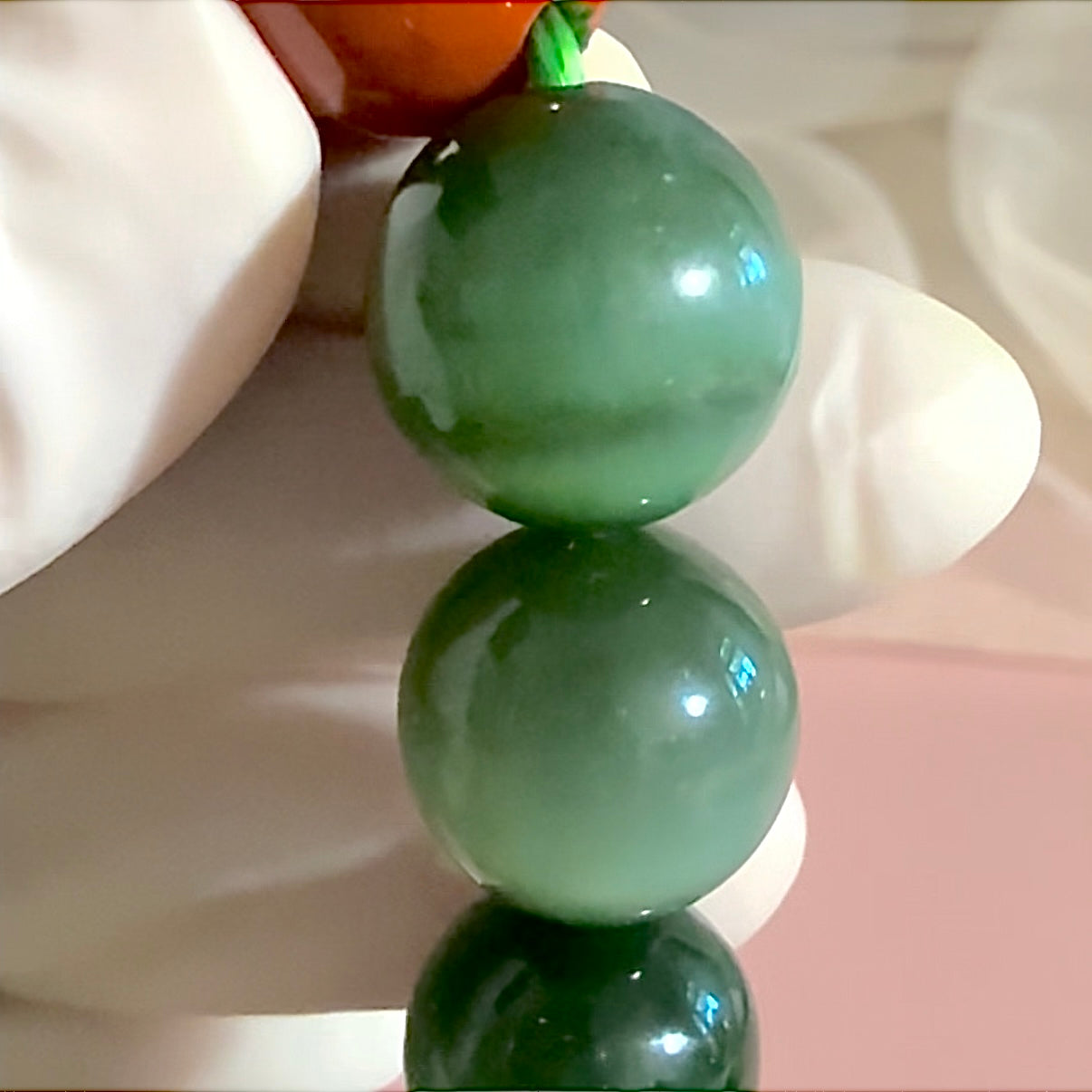Certified genuine Siberian cat-eye dark green nephrite jade Bracelet - 13mm large beads 6.75 inch length