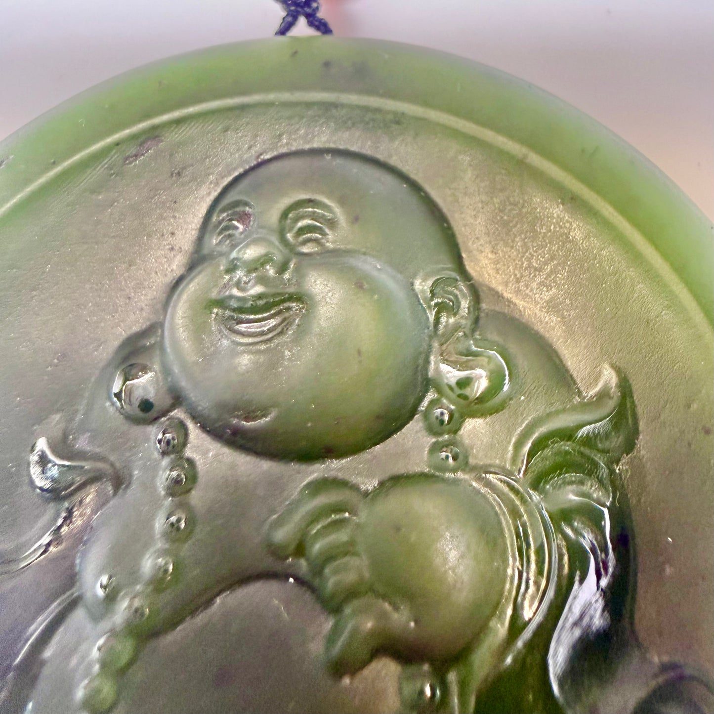 Certified Siberian Nephrite deep spinach green Exquisitely Hand-Carved Happy Buddha Large Disc Pendant