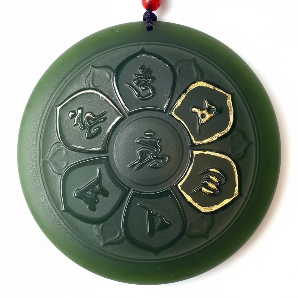 Certified Siberian Nephrite deep spinach green Exquisitely Hand-Carved Happy Buddha Large Disc Pendant