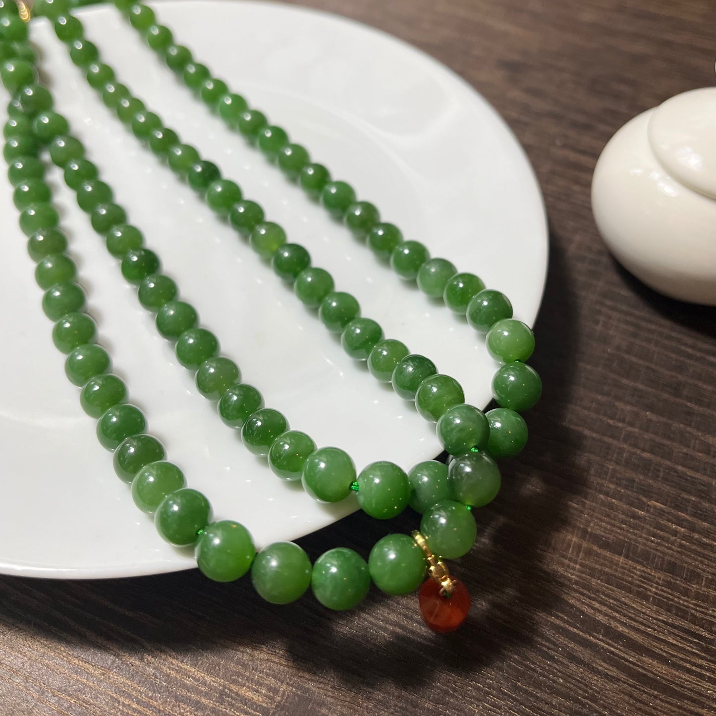 Certified genuine bright green Siberian Nephrite Jade double strand necklace 18 inches - 108 8mm beads