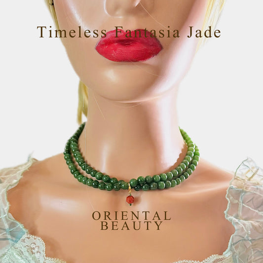 Certified genuine bright green Siberian Nephrite Jade double strand necklace 18 inches - 108 8mm beads