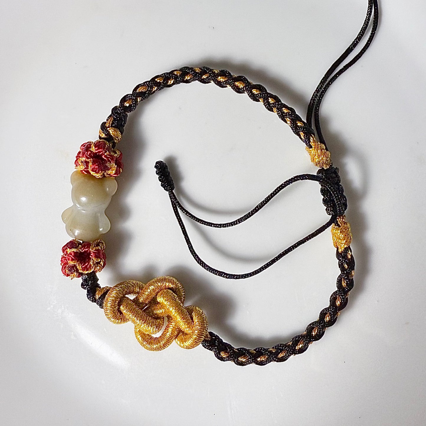 Genuine Hetian jade carved Teddy Bear Chinese knot bracelet with adjustable length /sugar brown/ violet/ green / white