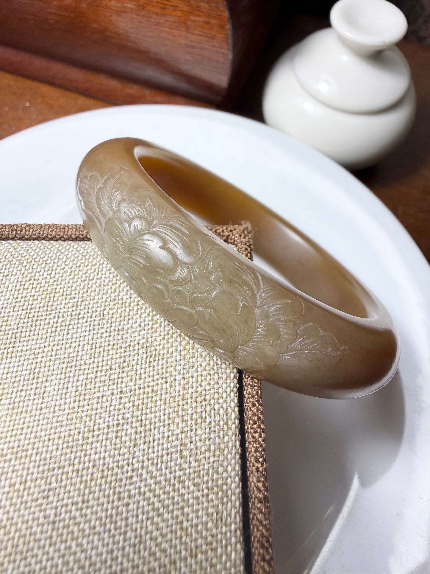 Certified Sugar brown Hetian Jade nephrite jade Bracelet Carved Phoenix and Peony bangle - 52mm inner diameter