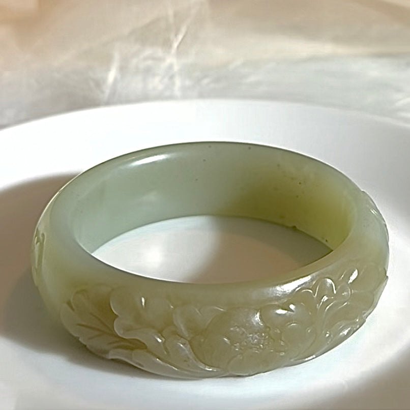 Certified Bluish-white and Sugar brown finely carved genuine nephrite jade Hetian jade bracelet bangle - inner diameter 53mm