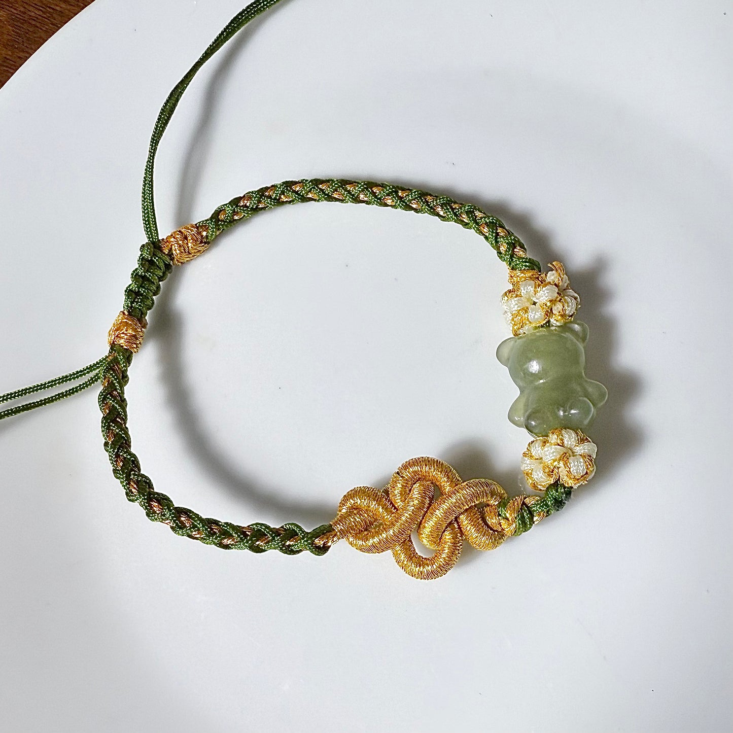 Genuine Hetian jade carved Teddy Bear Chinese knot bracelet with adjustable length /sugar brown/ violet/ green / white