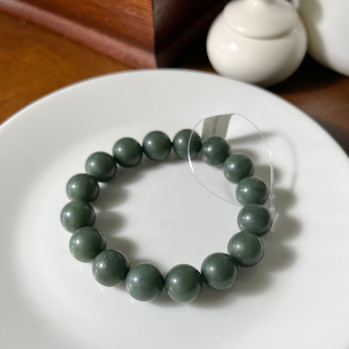 Certified Qinghai Green Hetian Jade nephrite jade Bracelet - 12 mm beads 6.75 inches