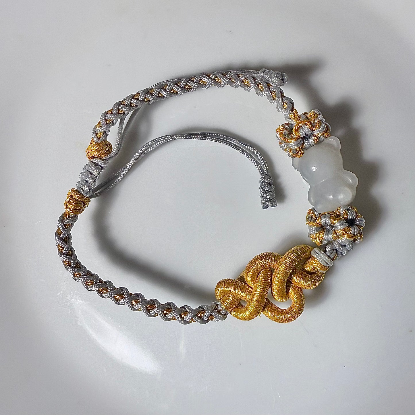 Genuine Hetian jade carved Teddy Bear Chinese knot bracelet with adjustable length /sugar brown/ violet/ green / white