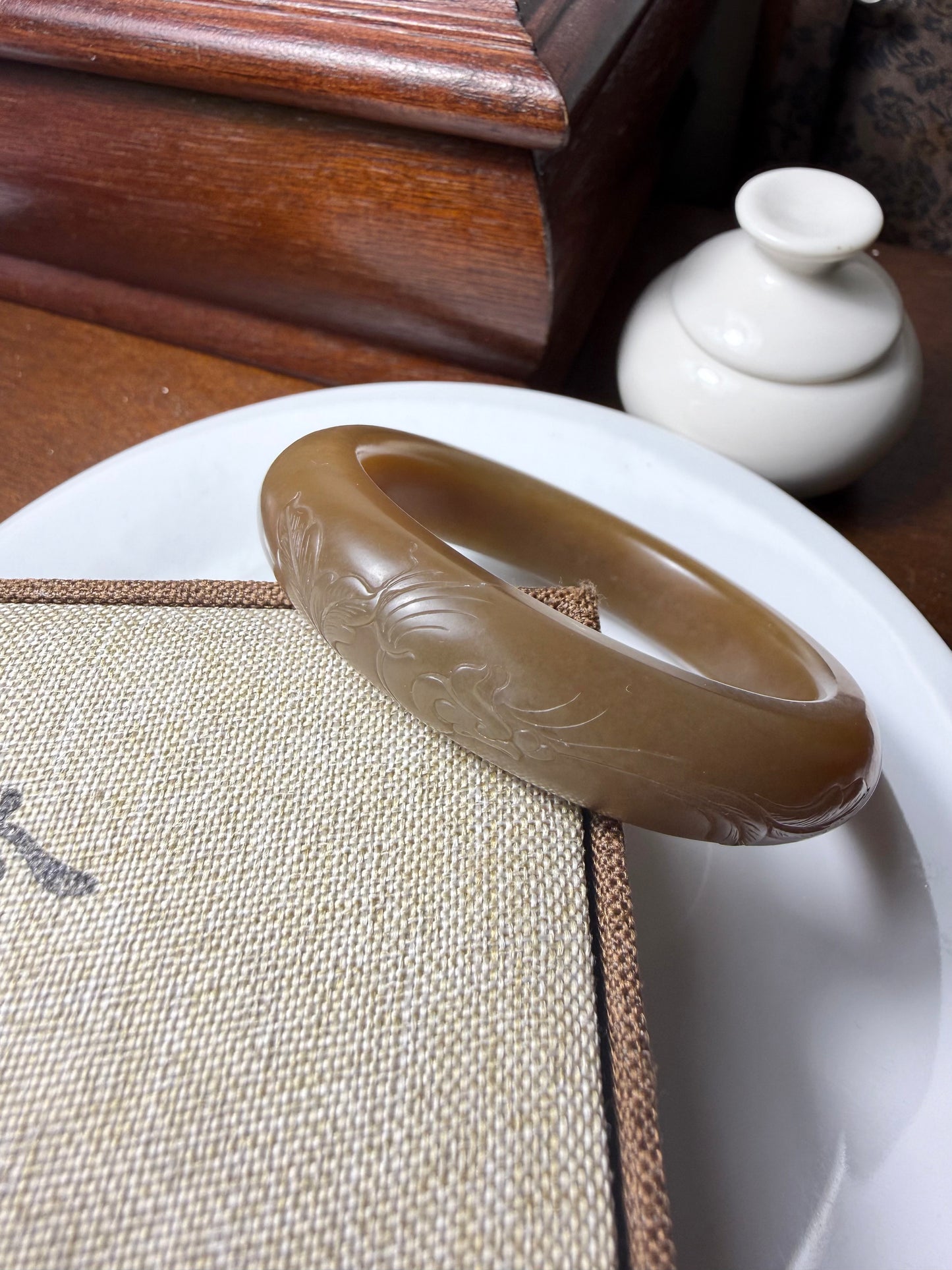 Certified Sugar brown Hetian Jade nephrite jade Bracelet Carved Phoenix and Peony bangle - 52mm inner diameter