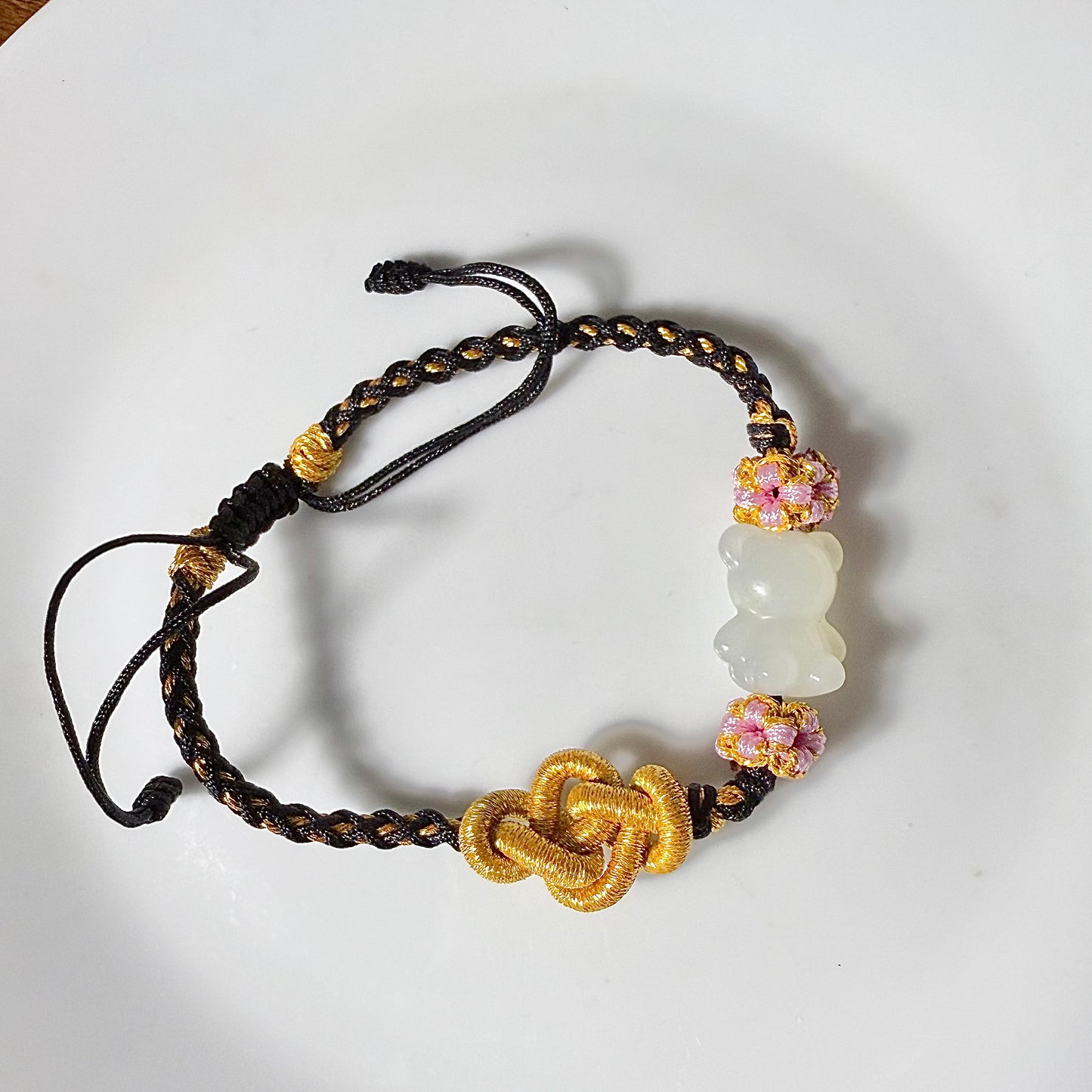 Genuine Hetian jade carved Teddy Bear Chinese knot bracelet with adjustable length /sugar brown/ violet/ green / white