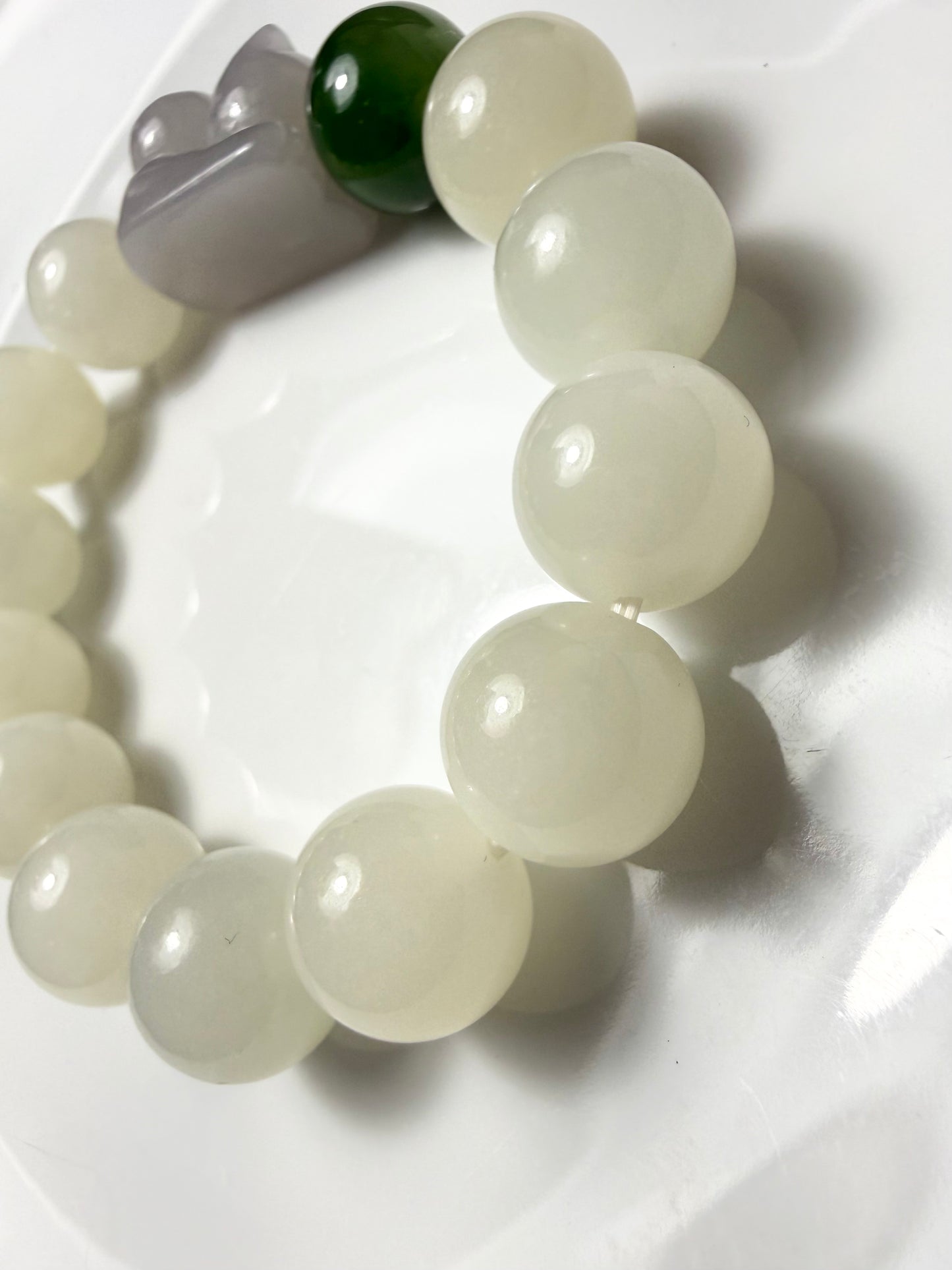 Certified genuine white Hetian jade nephrite jade Bracelet with smoky violet nephrite cat and one Siberian bead - Kitten Plays a Ball - 12mm beads 5.75 inches length