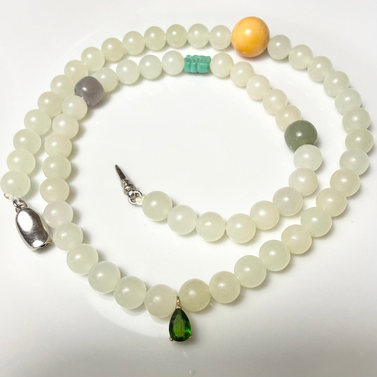 Certified Genuine White Hetian Jade Nephrite Jade Necklace 6mm barrel beads 14 inches Clavicle Necklace