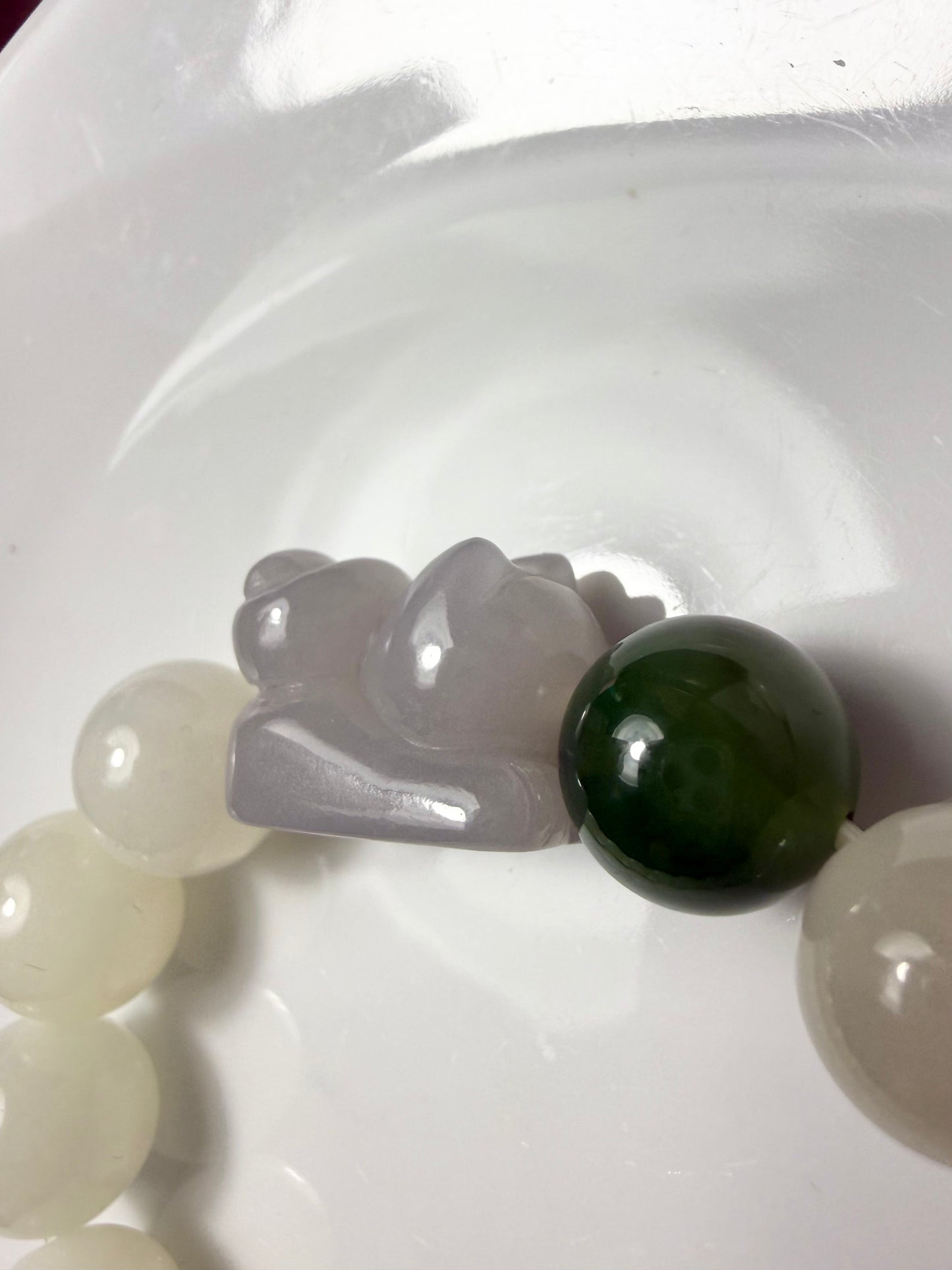 Certified genuine white Hetian jade nephrite jade Bracelet with smoky violet nephrite cat and one Siberian bead - Kitten Plays a Ball - 12mm beads 5.75 inches length