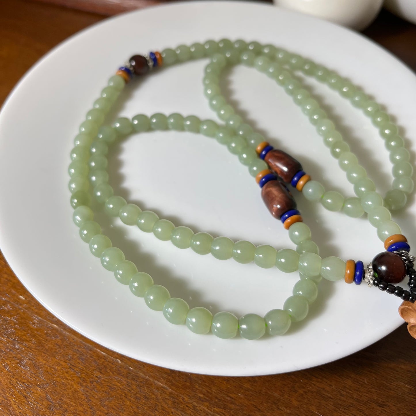 Certified Genuine Water Green Hetian Jade Nephrite Jade Necklace 6mm barrel beads 108 beads  28inches