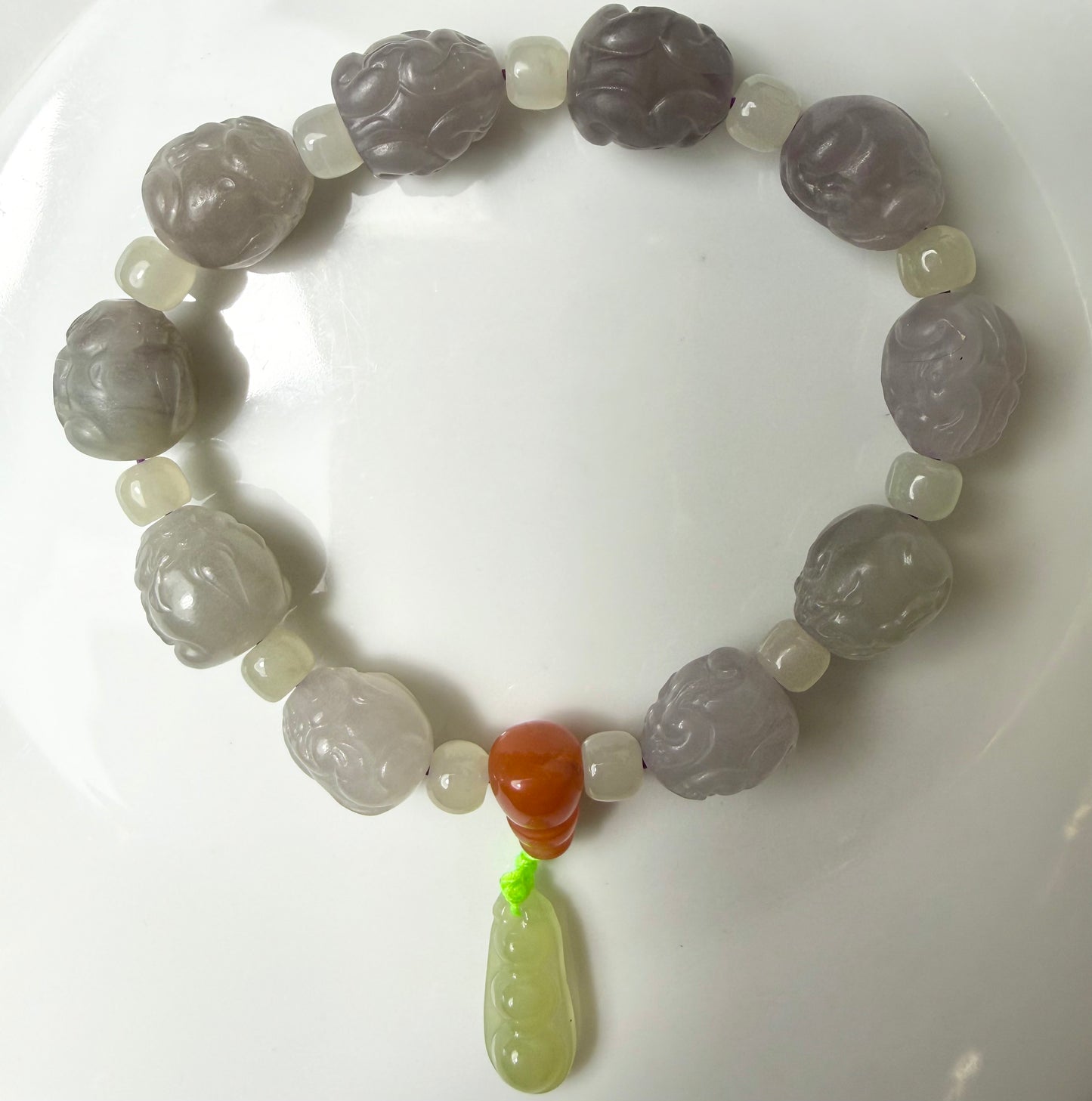 Certified genuine purple violet Hetian jade nephrite jade Bracelet - carved PIXIU beads 6.5 inch length