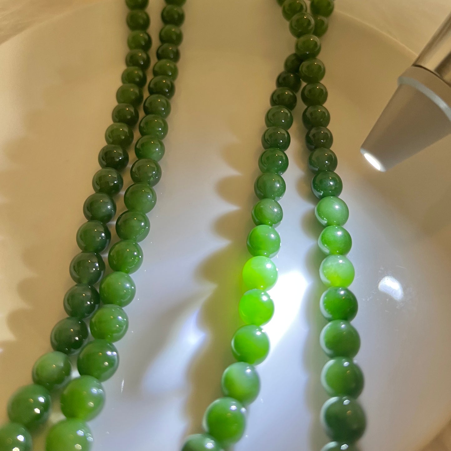 Certified genuine bright green Siberian Nephrite Jade double strand necklace 18 inches - 108 8mm beads