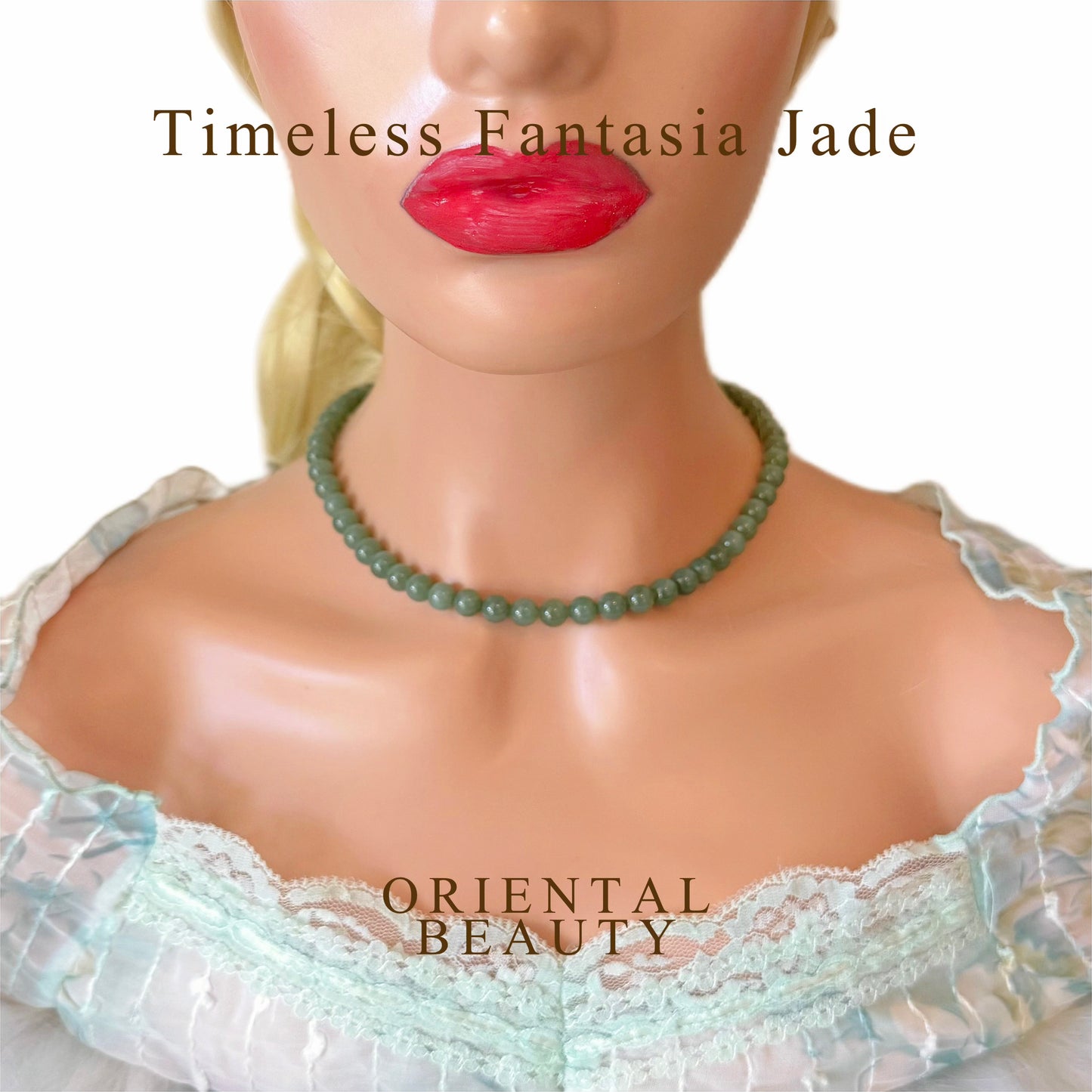 Certified genuine Porcelain blue Nephrite Jade necklace - 8mm beads 18 inches length