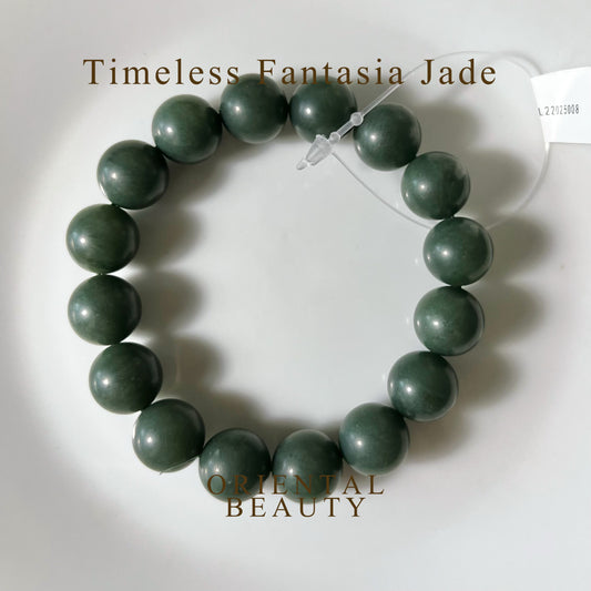 Certified Qinghai Green Hetian Jade nephrite jade Bracelet - 12 mm beads 6.75 inches