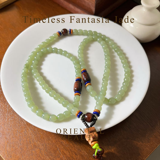 Certified Genuine Water Green Hetian Jade Nephrite Jade Necklace 6mm barrel beads 108 beads  28inches