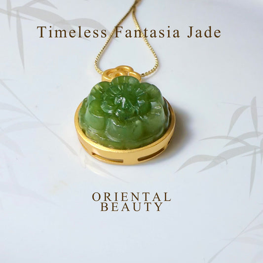 Gold plated on sterling silver genuine Sibebian Nephrite Jade rose pendant