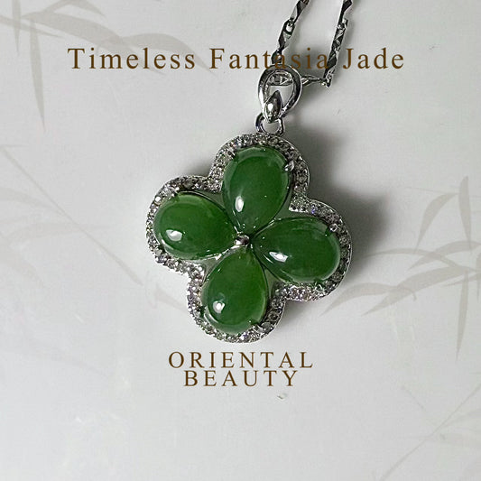 Sterling silver genuine bright green Sibebian Nephrite Jade four-leaf clover pendant