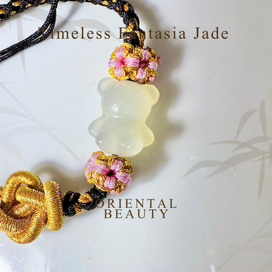 Genuine Hetian jade carved Teddy Bear Chinese knot bracelet with adjustable length /sugar brown/ violet/ green / white