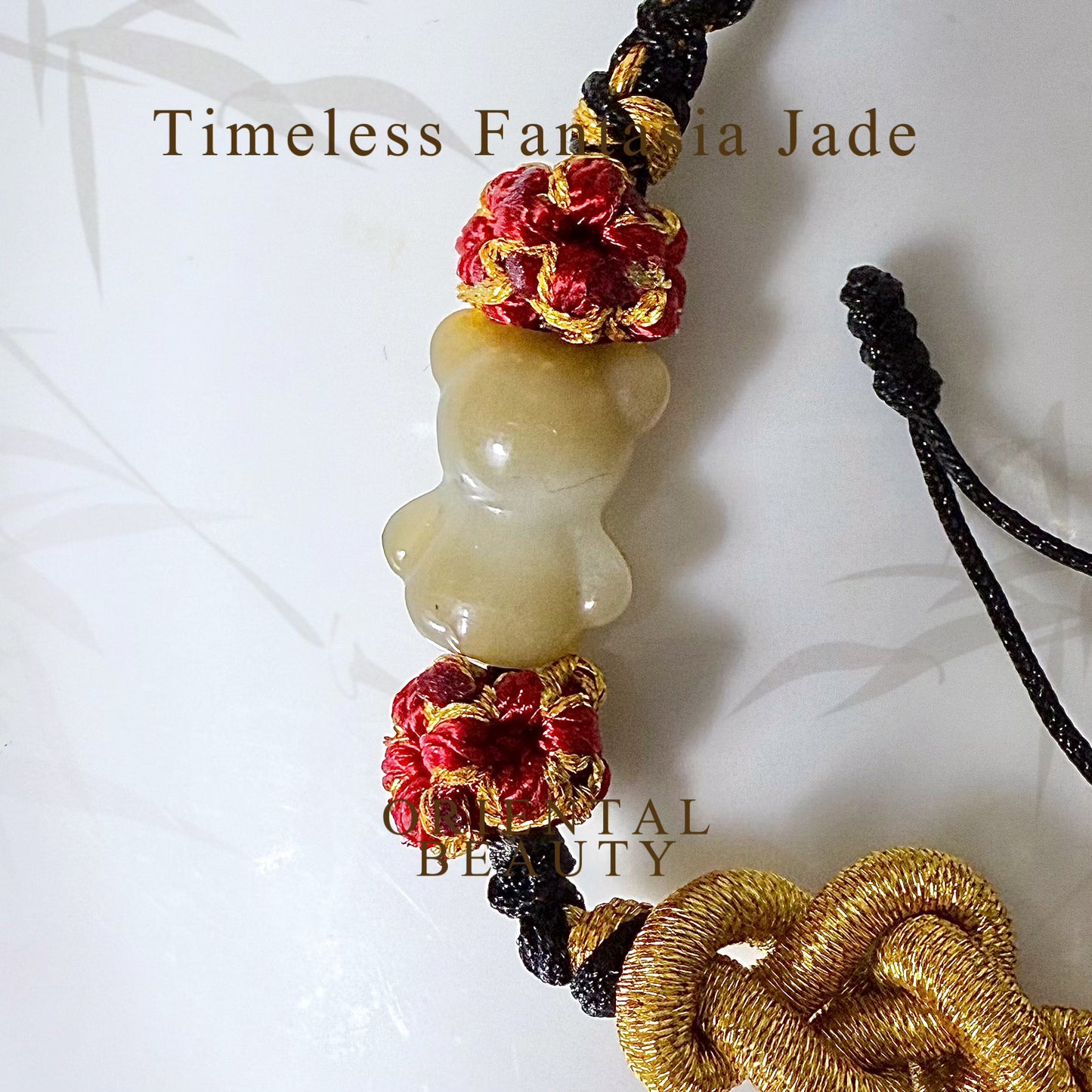 Genuine Hetian jade carved Teddy Bear Chinese knot bracelet with adjustable length /sugar brown/ violet/ green / white