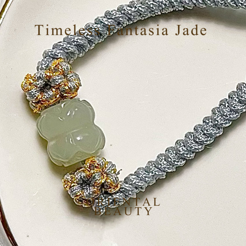 Genuine Premium Hetian Jade Nephrite Jade carved twin lotus Chinese knot bracelet , adjustable length / green / green yellow / white/off white