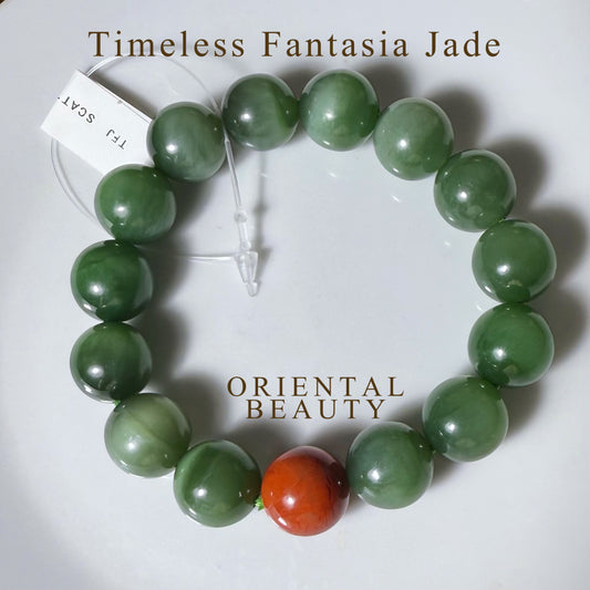 Certified genuine Siberian cat-eye dark green nephrite jade Bracelet - 13mm large beads 6.75 inch length