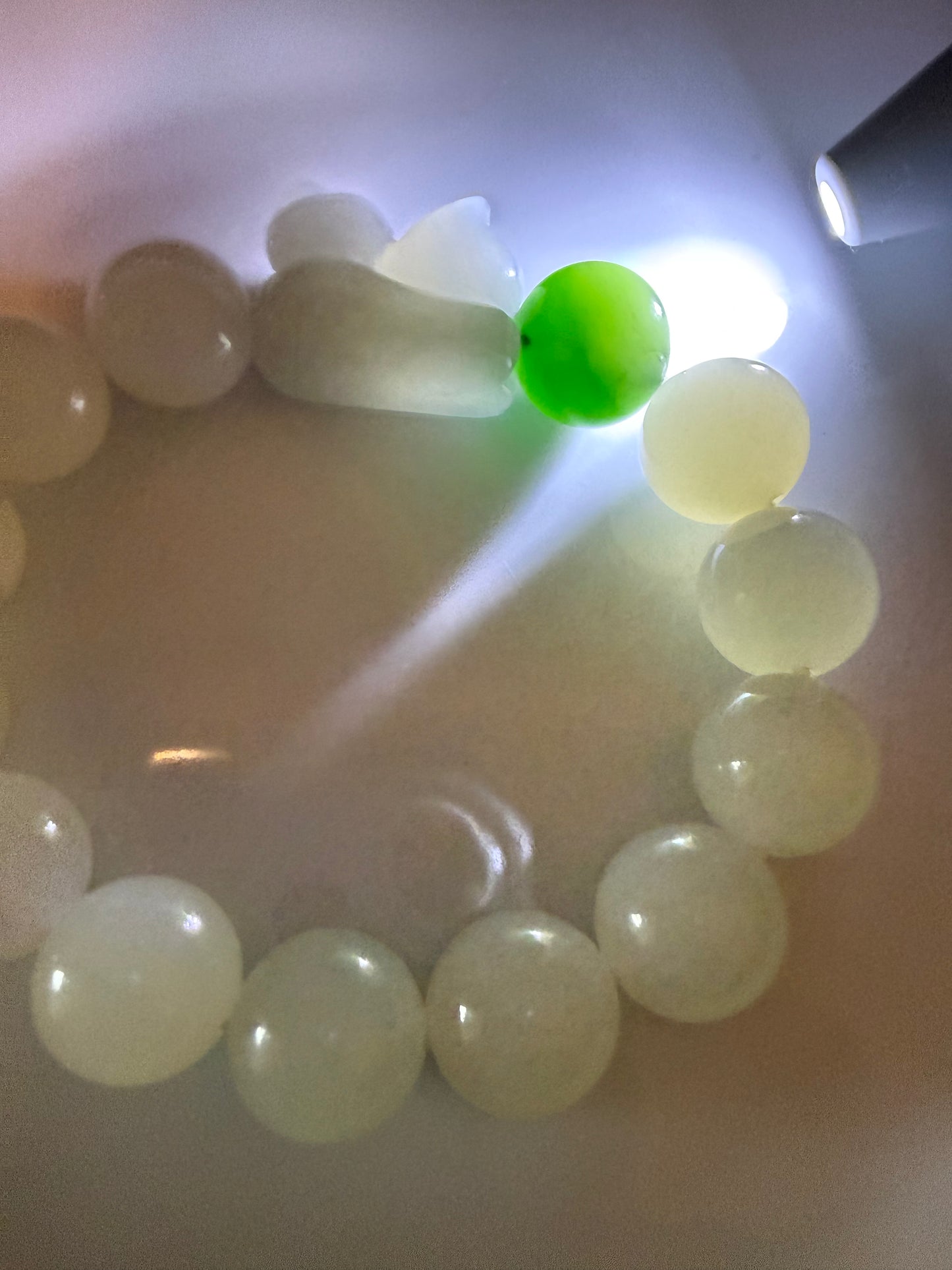 Certified genuine white Hetian jade nephrite jade Bracelet with smoky violet nephrite cat and one Siberian bead - Kitten Plays a Ball - 12mm beads 5.75 inches length