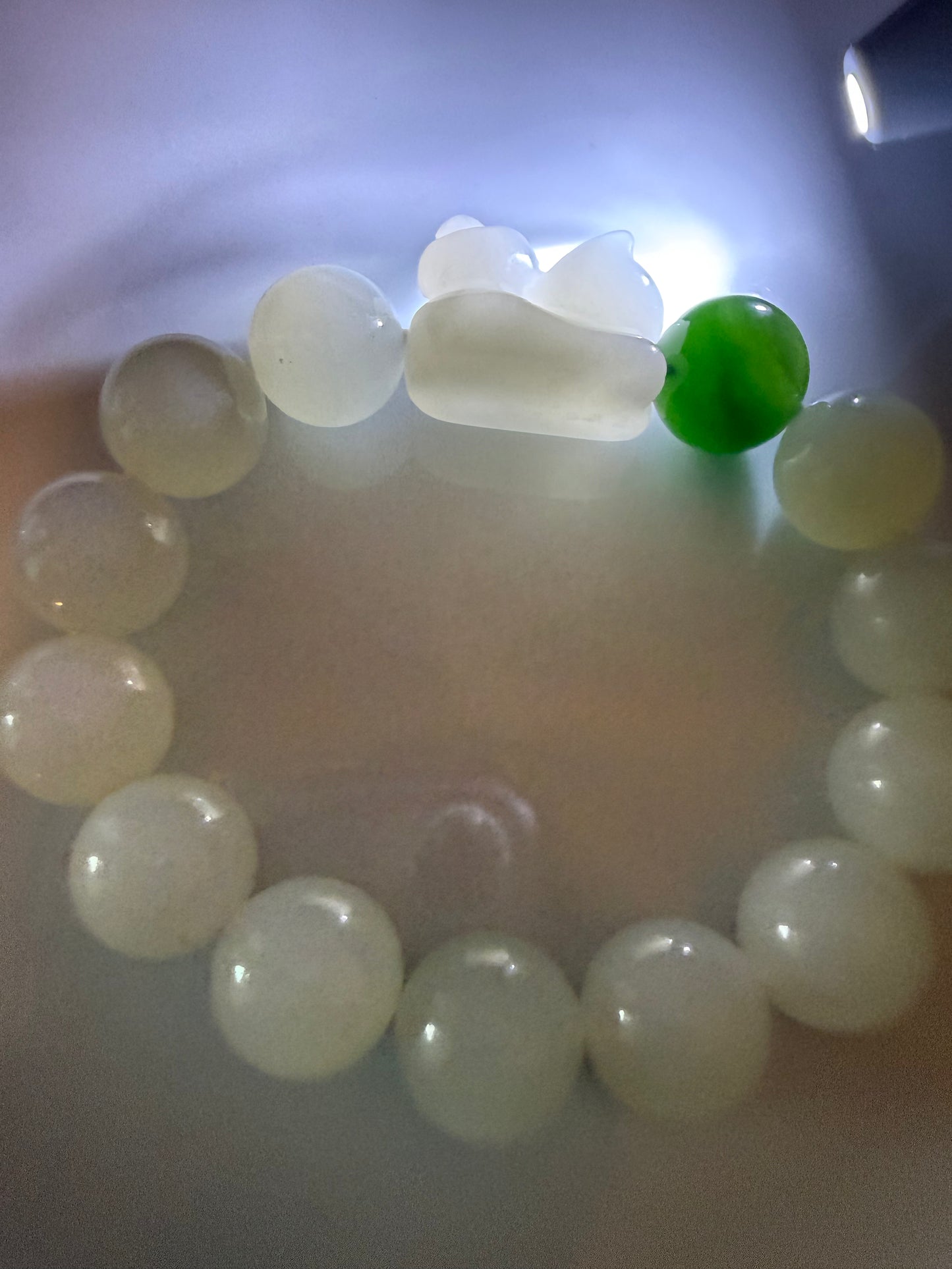 Certified genuine white Hetian jade nephrite jade Bracelet with smoky violet nephrite cat and one Siberian bead - Kitten Plays a Ball - 12mm beads 5.75 inches length