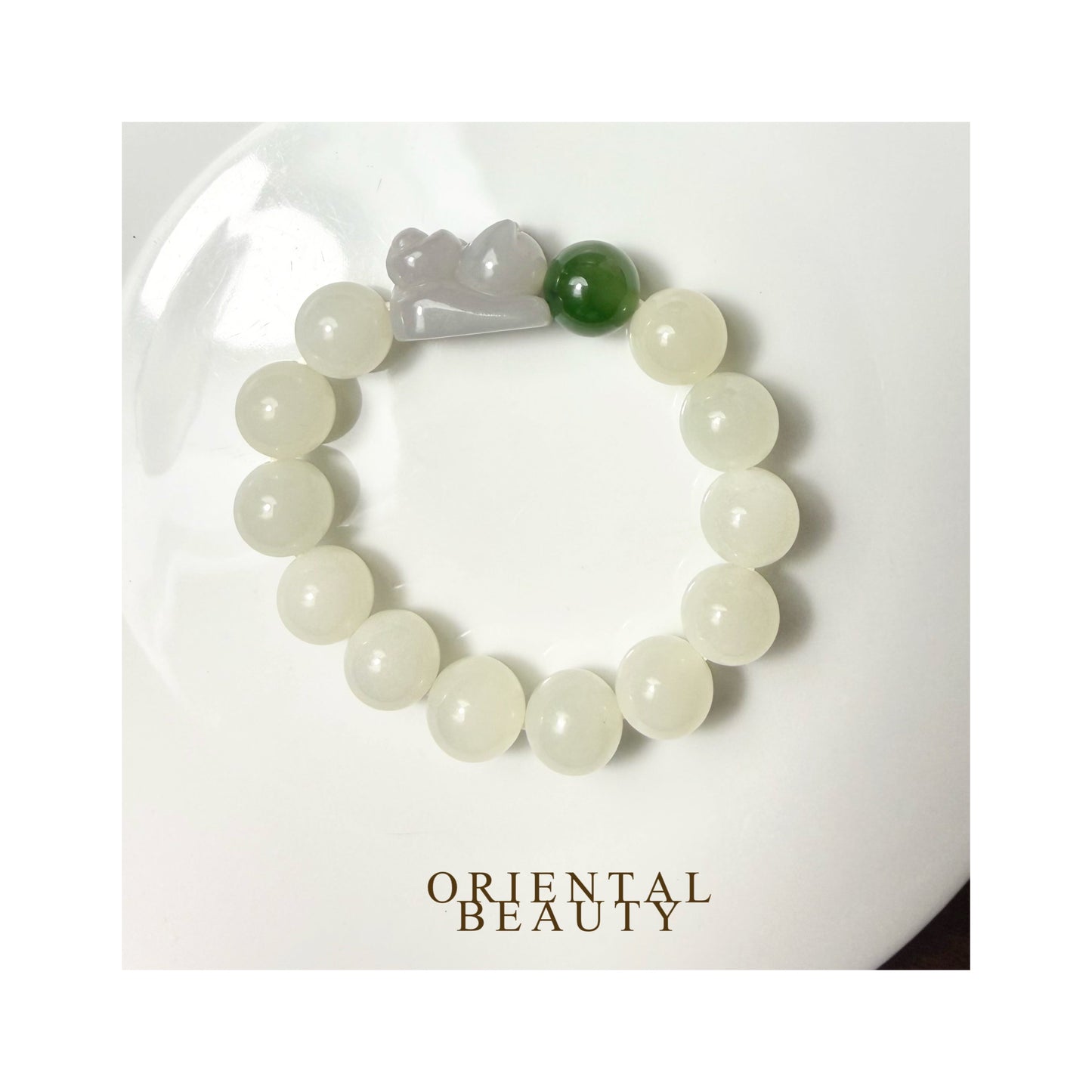 Certified genuine white Hetian jade nephrite jade Bracelet with smoky violet nephrite cat and one Siberian bead - Kitten Plays a Ball - 12mm beads 5.75 inches length