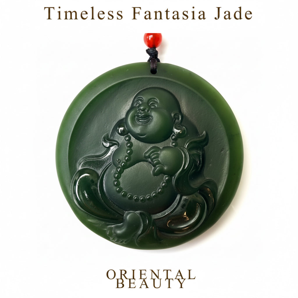 Certified Siberian Nephrite deep spinach green Exquisitely Hand-Carved Happy Buddha Large Disc Pendant