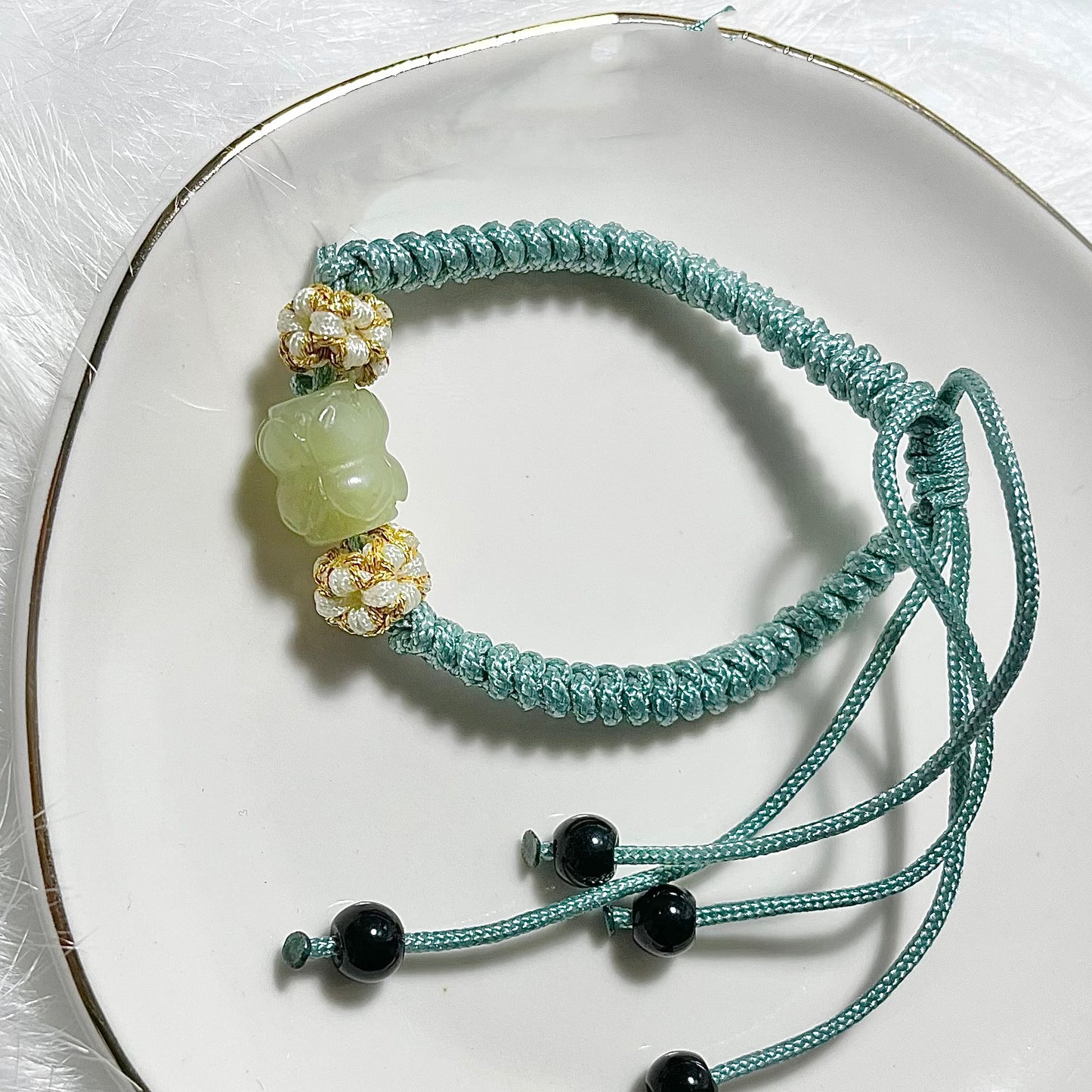 Genuine Premium Hetian Jade Nephrite Jade carved twin lotus Chinese knot bracelet , adjustable length / green / green yellow / white/off white