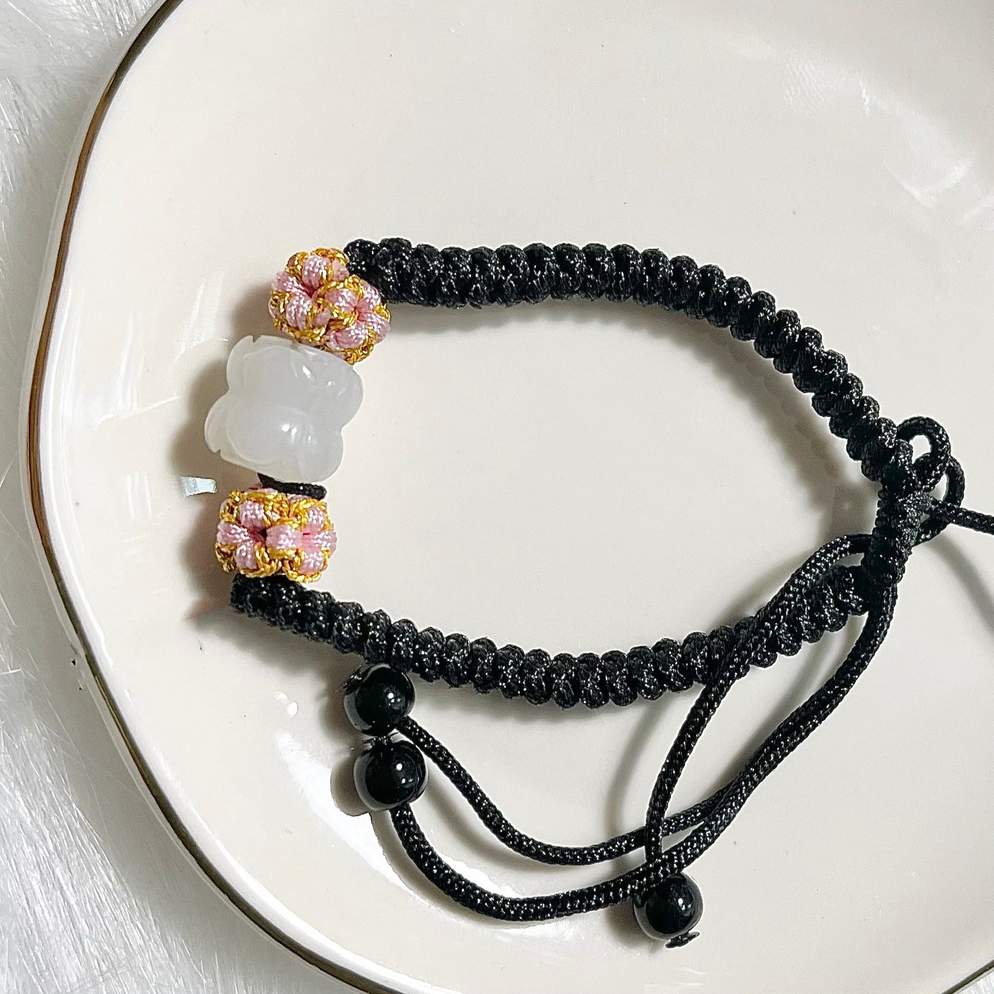 Genuine Premium Hetian Jade Nephrite Jade carved twin lotus Chinese knot bracelet , adjustable length / green / green yellow / white/off white