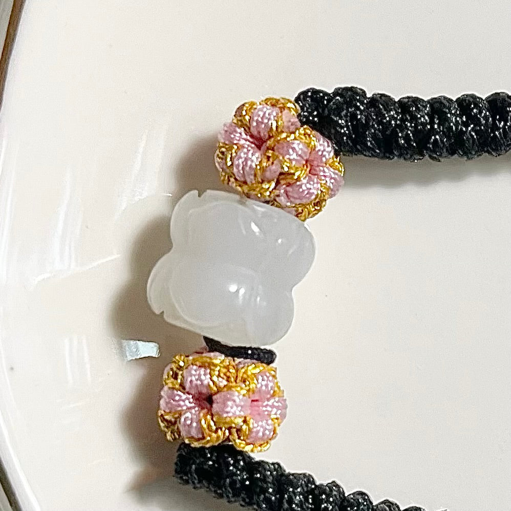 Genuine Premium Hetian Jade Nephrite Jade carved twin lotus Chinese knot bracelet , adjustable length / green / green yellow / white/off white