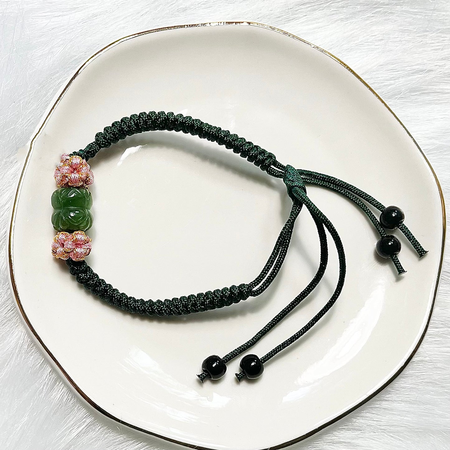 Genuine Premium Hetian Jade Nephrite Jade carved twin lotus Chinese knot bracelet , adjustable length / green / green yellow / white/off white