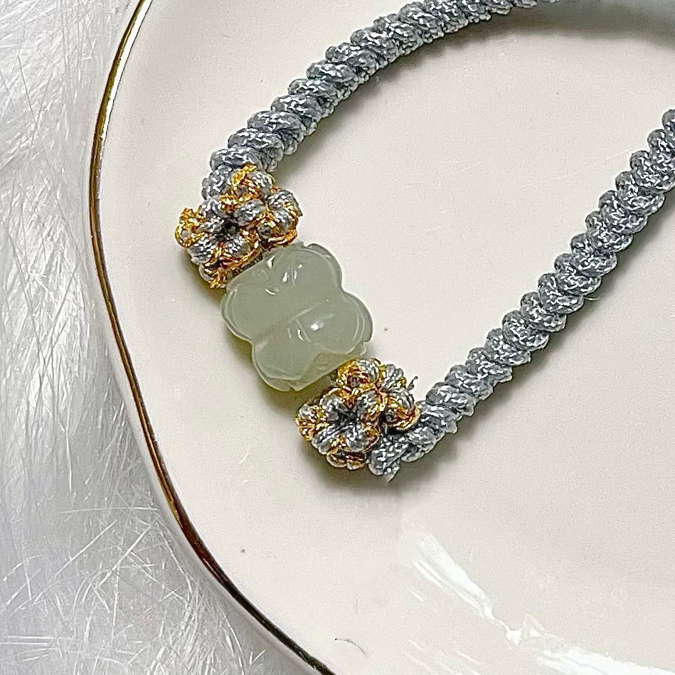 Genuine Premium Hetian Jade Nephrite Jade carved twin lotus Chinese knot bracelet , adjustable length / green / green yellow / white/off white