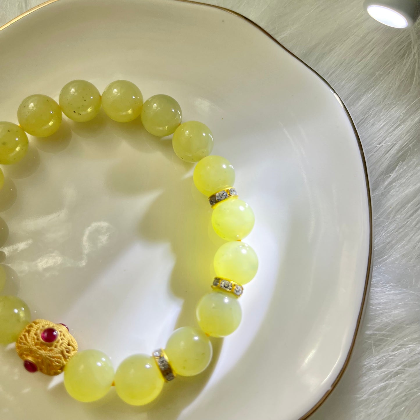 Certified yellow genuine nephrite / Hetian Jade Bracelet - 10mm beads 6.5 inches length