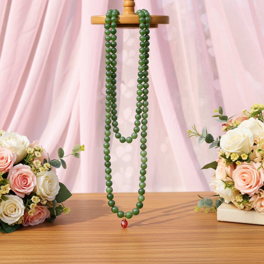 Certified genuine bright green Siberian Nephrite Jade double strand necklace 18 inches - 108 8mm beads