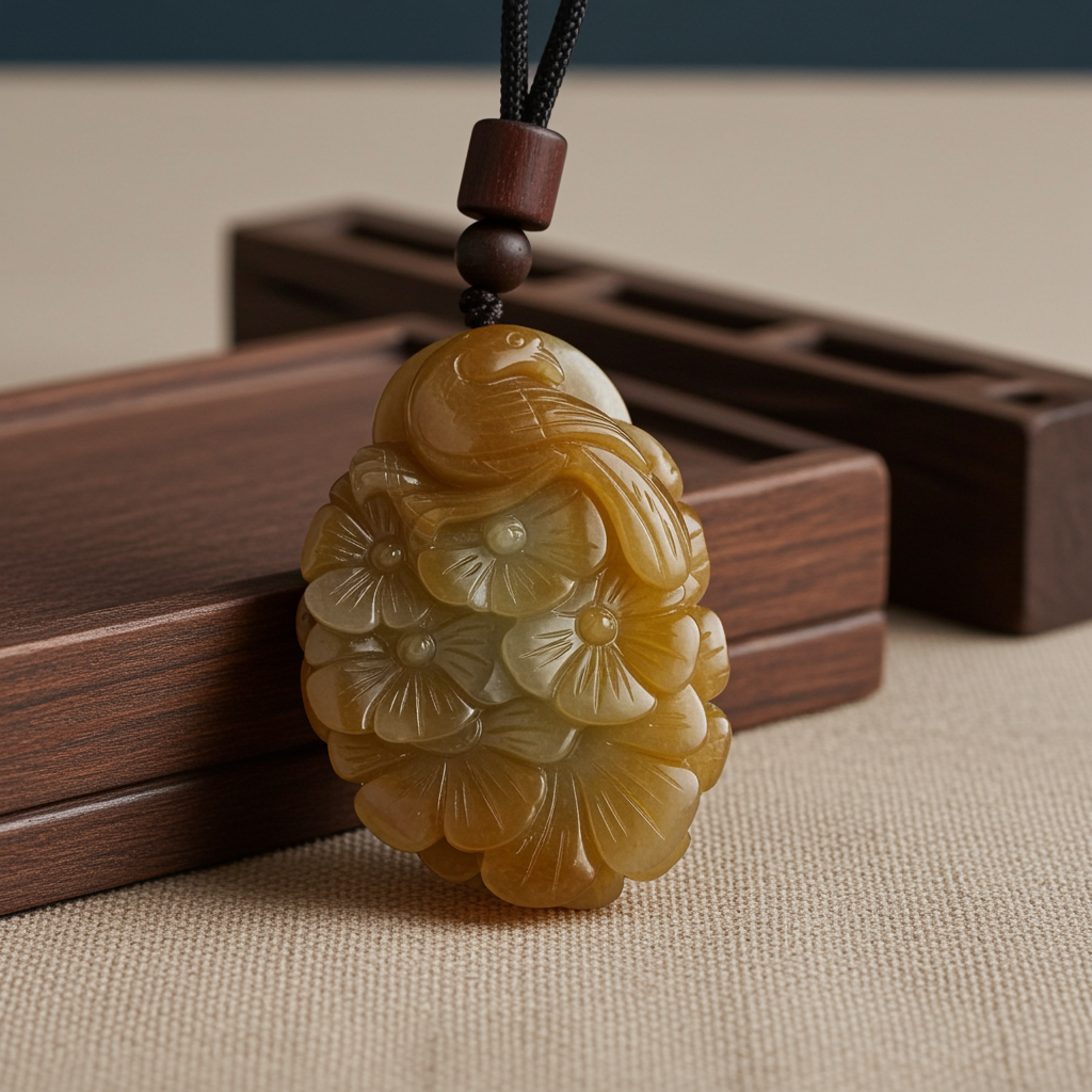 Certified genuine brown sugar Hetian jade Nephrite Jade pendant hand carved Magpie and flowers