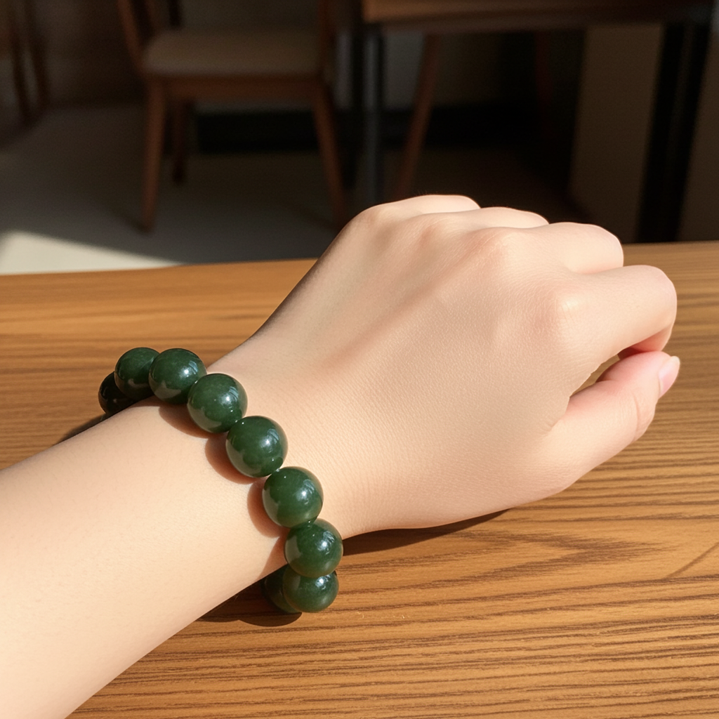 Certified genuine Deep Green Hetian Jade Bracelet - 11.7mm large beads 6.5 inch length