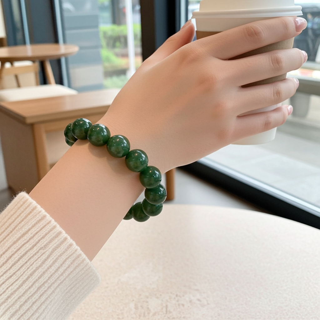 Certified genuine Deep Green Hetian Jade Bracelet - 11.7mm large beads 6.5 inch length