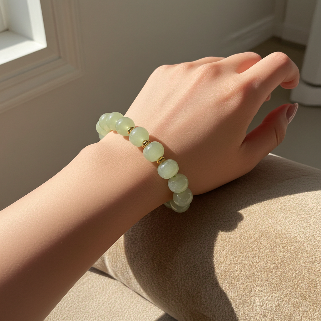 Certified genuine light water green Hetian Jade Bracelet - 10mm oval beads - 6.5 inch